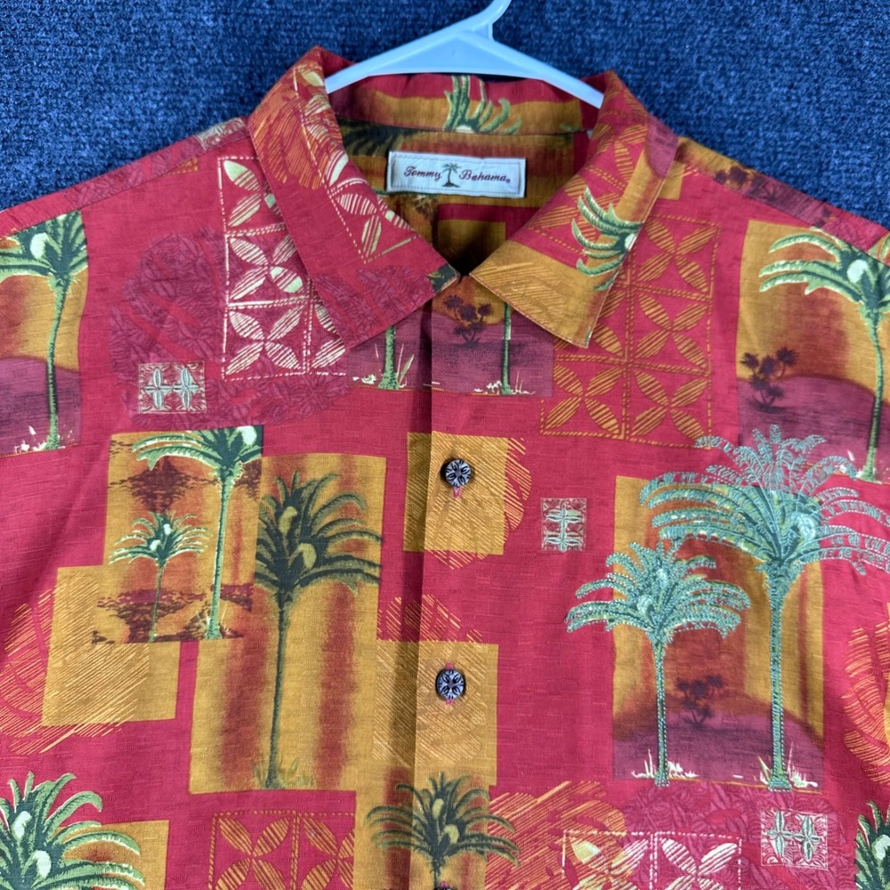 Tommy Bahama Button Shirt Mens M Medium Red Silk Palm Tree Tropical Camp Aloha - Picture 5 of 14